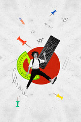 Fototapeta premium Vertical photo collage of happy teenage schoolboy wave hand informatics lesson keyboard tool ruler eraser isolated on painted background