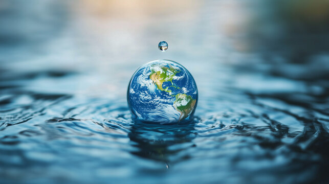 Symboliczna kropla wody z miniaturową planetą Ziemia wewnątrz, przypominająca o globalnym znaczeniu ochrony wody.