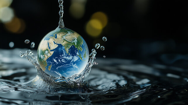 Symboliczna kropla wody z miniaturową planetą Ziemia wewnątrz, przypominająca o globalnym znaczeniu ochrony wody.