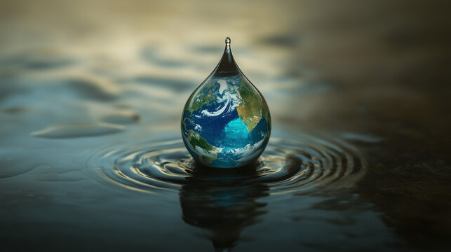 Symboliczna kropla wody z miniaturową planetą Ziemia wewnątrz, przypominająca o globalnym znaczeniu ochrony wody.