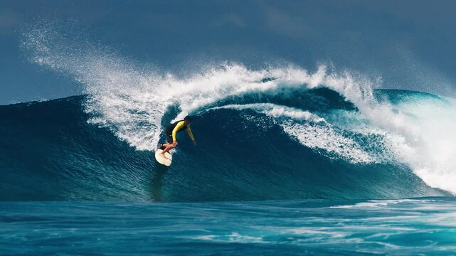Surfing with speed warp effect. Experienced surfer rides the ocean wave at the famous Sultans surf spot on the North Atolls in the Maldives