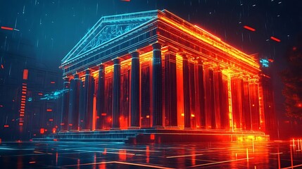 Digital Temple with Red and Blue Lights - 3D Illustration