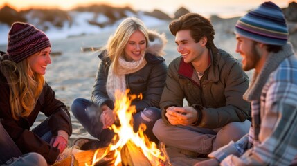 A group of four friends sits around a warm bonfire on the beach, smiling and engaging in conversation as the sun sets behind them, creating a vibrant sky