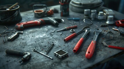 A variety of hand tools, including wrenches, pliers, and screwdrivers, is spread across a workbench