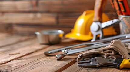 A collection of hand tools and a yellow hard hat are neatly arranged on a wooden workbench, showcasing the essentials for construction and repair tasks in a workshop environment