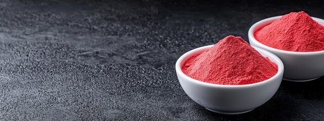  Two white bowls hold red powder each, atop a black stone surface