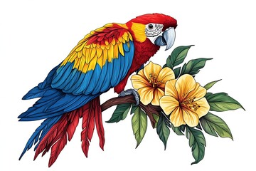 Colorful Parrot on Tree Branch with Flowers, Vibrant Tropical Nature, Exotic Birds, Birds on Branch, Parrot Art, Bright Colorful Feathers, Beautiful Wildlife, new beautiful stock image illustration AI