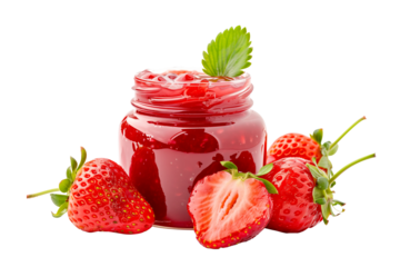 A jar of strawberry jam with whole and halved fresh strawberries around isolated on white transparent background. Concept of natural and homemade food