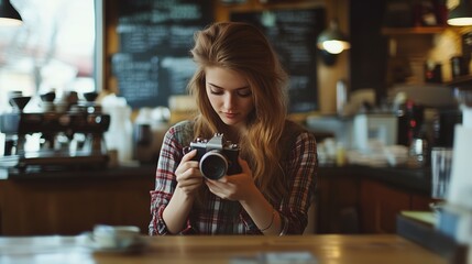 A young woman examines her camera while sitting in a cozy coffee shop during the afternoon