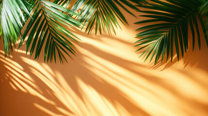 Palm Leaves Overlay,  Natural palm leaves cast shadows on an orange background, perfect for summer-themed product presentations and mockups
