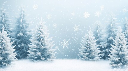 Minimalist Winter Holiday Background with Frosted Pine Trees and Delicate Snowflakes