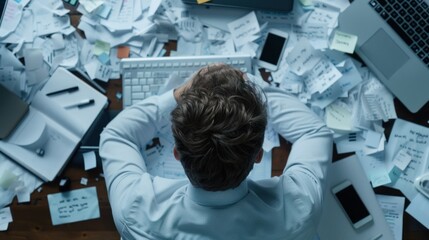 A person appears stressed while sitting at a disorganized desk overflowing with papers, electronic devices, and sticky notes, indicating a hectic workday filled with tasks and responsibilities