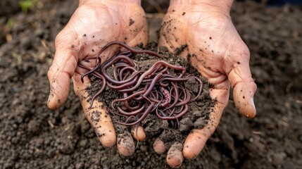 A close up macro photo shows a male farmer's hand holding a pile of wet mud with earthworms over natural organic ground.