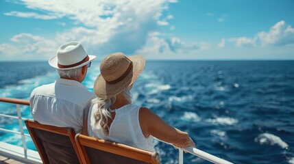 Elderly couple on cruise ship vacation, wearing hats and white , looking at the sea from deck of luxury liner, sunny day with blue sky, summer travel concept