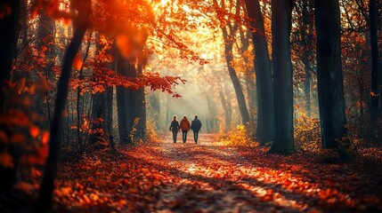 Fototapeta premium Hikers in the forest, autumn forest
