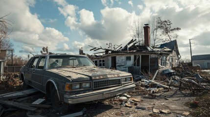 Fototapeta premium An old, rusted car rests beside a dilapidated house, surrounded by debris. The scene captures the aftermath of a powerful storm, with dark clouds casting shadows over the deserted neighborhood