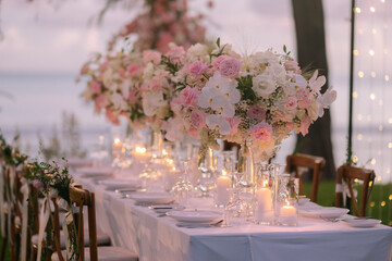 Dinner table decorated with beautiful flowers.