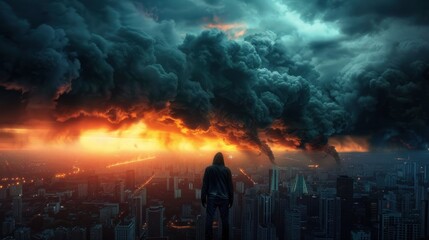 A person stands on the edge of a rooftop, observing the tumultuous skyline filled with swirling dark clouds and an intense orange glow from below, signaling an impending storm