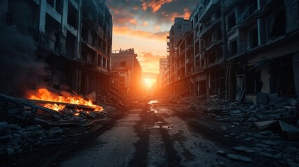 Fototapeta premium Amidst the ruins of a city, the sun sets, casting an orange glow over the rubble and debris. Flames flicker in the foreground, highlighting the devastation left behind by conflict or disaster