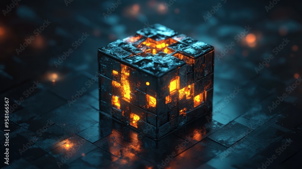 Aufkleber glowing metallic cube on a dark tiled surface