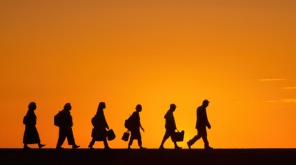 Fototapeta premium A group of individuals walks along a path against a vibrant sunset backdrop, their silhouettes casting long shadows as they carry bags. The warm colors create a peaceful evening ambiance