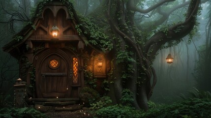 A quaint cottage sits in a dense forest surrounded by vibrant greenery. Lanterns cast a warm glow as twilight descends, creating a magical atmosphere in the tranquil woods