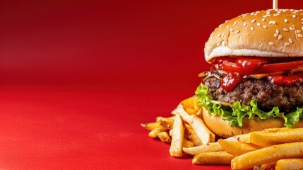 A hearty hamburger features a juicy patty topped with fresh lettuce, sliced tomatoes, and melted cheese, accompanied by crispy golden fries on a vibrant red background
