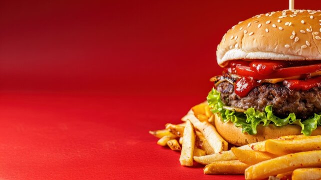 A hearty hamburger features a juicy patty topped with fresh lettuce, sliced tomatoes, and melted cheese, accompanied by crispy golden fries on a vibrant red background
