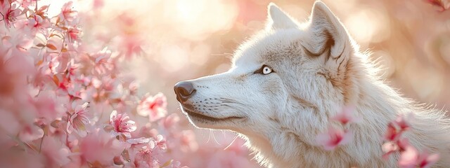  A dog's face, closely framed Pink flowers near, sharply focused Background softly blurred