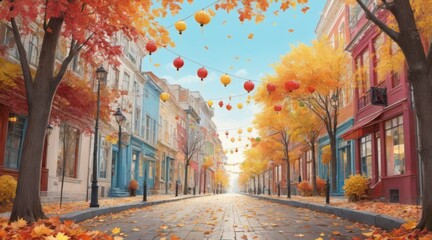Fototapeta premium Autumn Street Scene: Colorful Buildings, Shops, and Trees with L