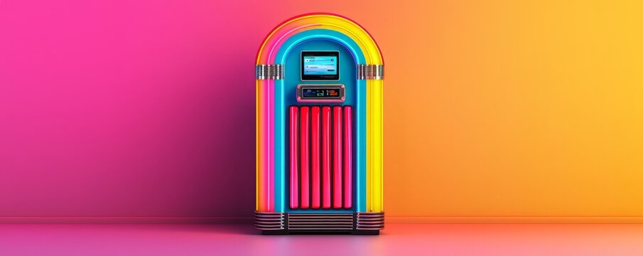 A vibrant retro jukebox with rainbow colors against a colorful gradient background, perfect for nostalgic themes.