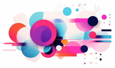 Fototapeta premium A colorful abstract composition with various geometric shapes and patterns in shades of purple, pink, and turquoise, flat colors, and minimal no shading, white background
