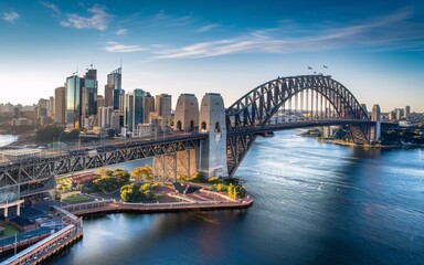 Naklejka premium Aerial View of Sydney Harbour Bridge: Dynamic Cityscape Background