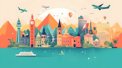 Fototapeta premium A flat design of a travel brochure with icons for transportation and accommodation