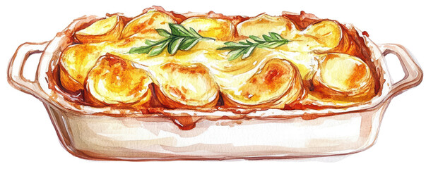 Watercolor illustration of a cheesy potato gratin, garnished with fresh rosemary in a baking dish. Perfect for food lovers and culinary art fans.