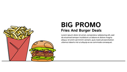 Continuous one line Landing page, poster Burger And Fries promo for vector illustration colorful.Concept fast food, food, restaurant, food business