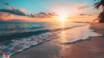 Bright sunrise over the Red Sea, Egypt. Palm trees stand out against the colorful sky.