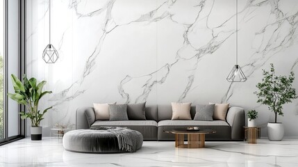 Modern Living Room with Marble Wall, Grey Sofa, and Geometric Lights