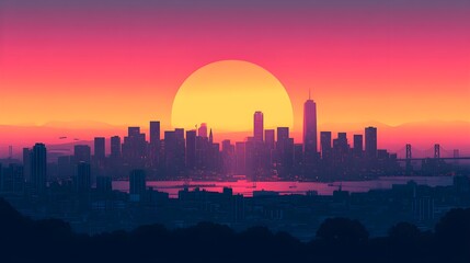 Fototapeta premium A minimalist flat design of a city skyline at sunset