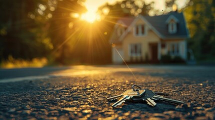 Concept of real estate business, house model and coins stack with green tree leaves on blurred background, banner for home casually