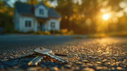 Concept of real estate business, house model and coins stack with green tree leaves on blurred background, banner for home casually