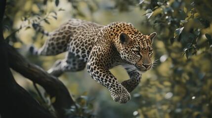 A Leopard Leaps Through Lush Green Foliage