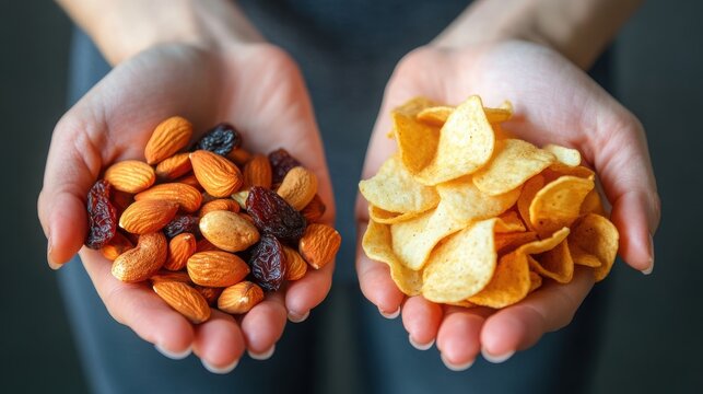 hands holding a mix of nuts and chips, healthy snacks vs unhealthy snacks concept