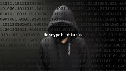 Cyber attack honeypot attacks text in foreground screen, anonymous hacker hidden with hoodie in the blurred background. Vulnerability text in binary system code on editor program.