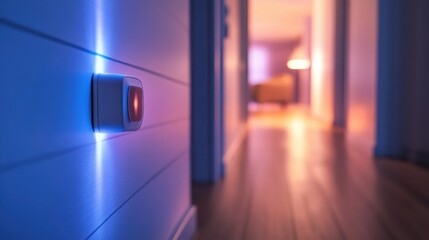 smart home security panel with blue light in a modern hallway, technology and security