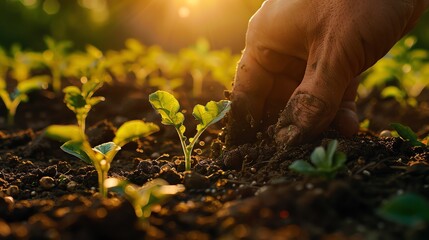 Fototapeta premium Farmer planting seeds. AI generated image