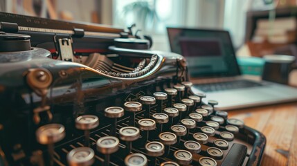 Vintage typewriter and modern laptop on wooden desk in a cozy home office