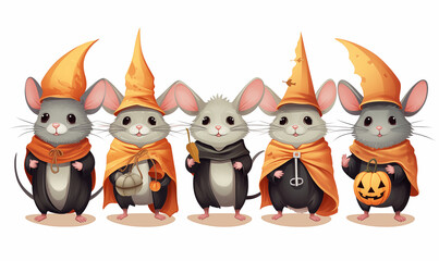 Create a vector-style illustration of, a group of mice in Halloween costumes, flat colors, and minimal no shading, white background