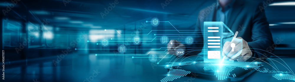 Poster privacy. businessman drawing global structure networking while ensuring data privacy on office table