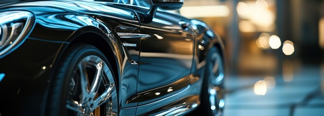 Black Luxury Car Close-up with Shiny Chrome Wheel and Emblem